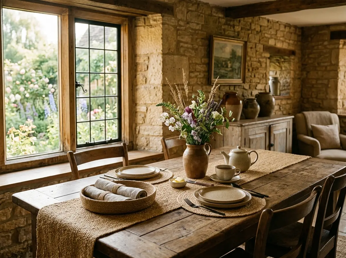 Cotswolds cottage dining table with handwoven golden jute table runner, placemats, and ceramic tea service in natural morning light