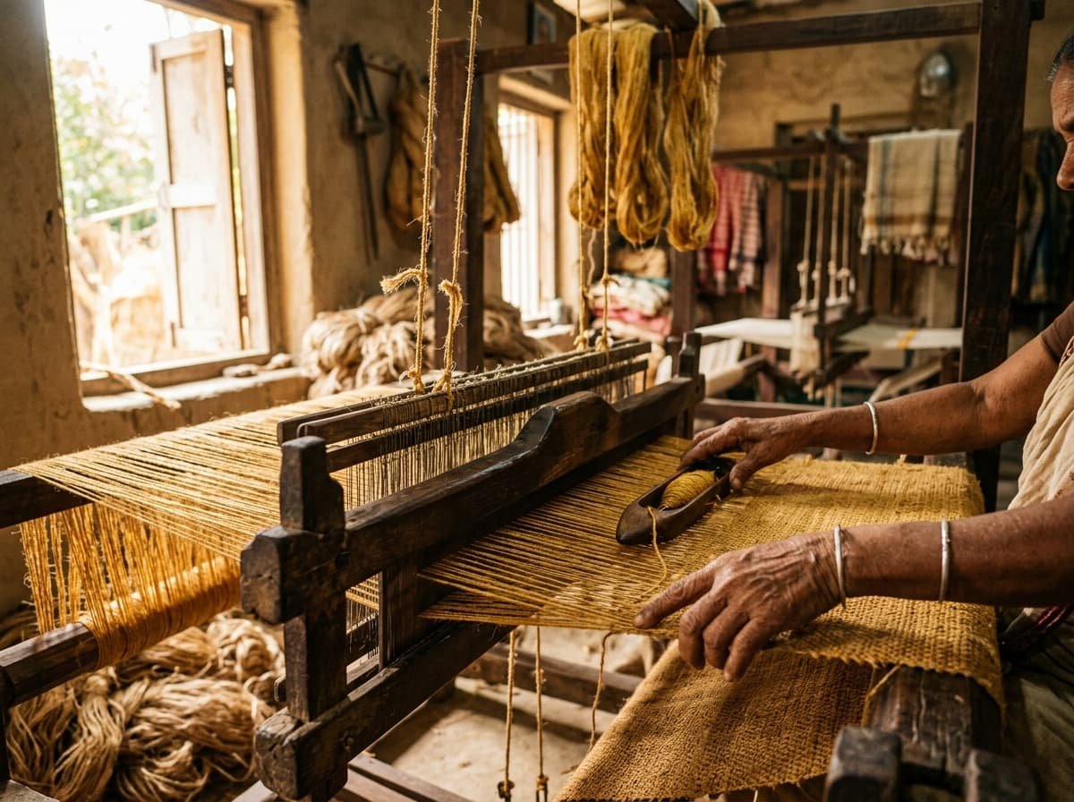 Skilled master artisan weaving pure golden jute on a traditional wooden handloom